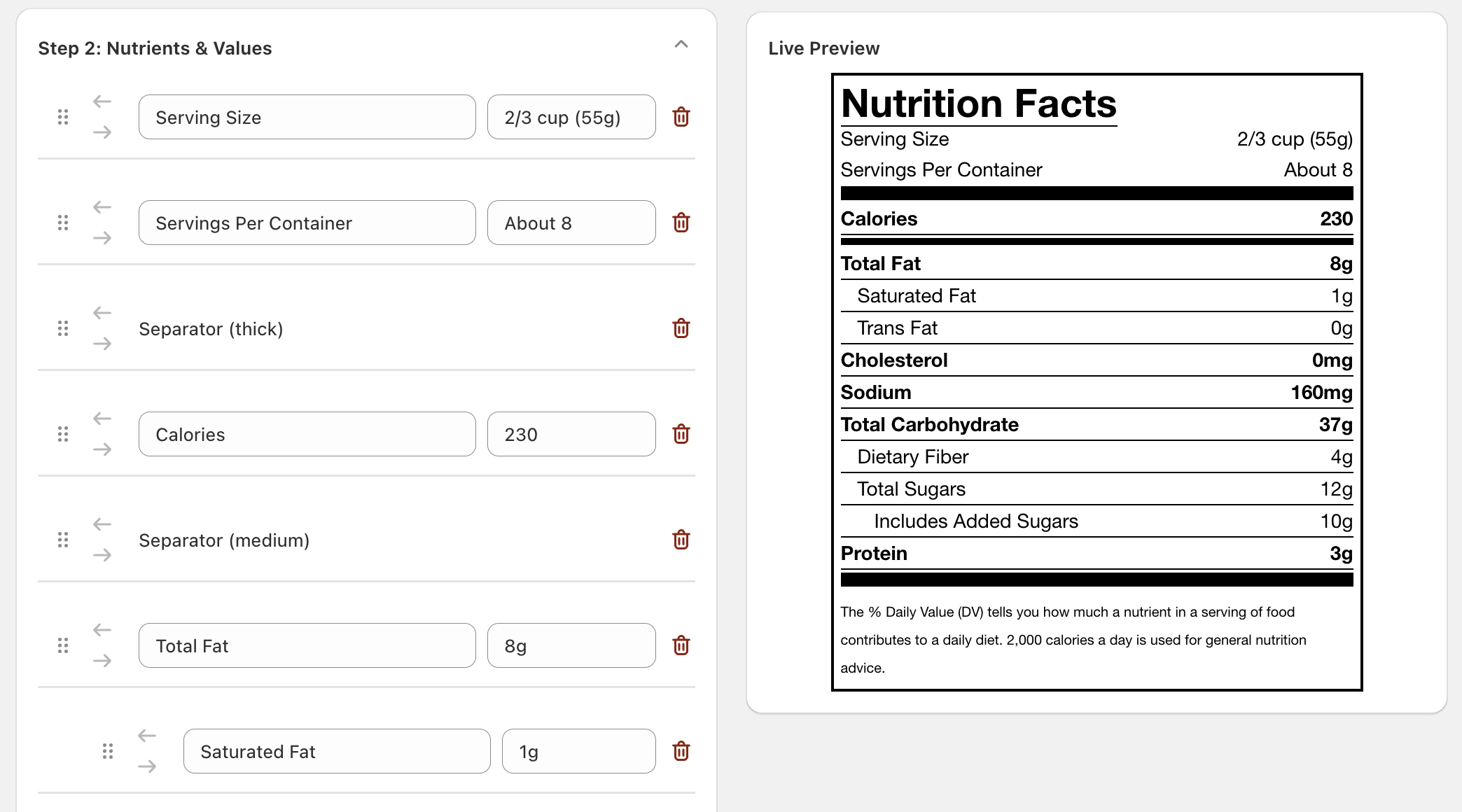 Enter nutrition information into the app form