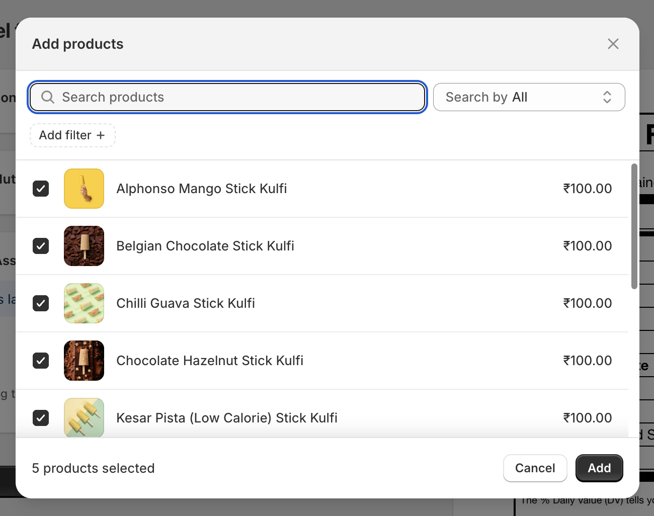 Assign the nutrition label to specific Shopify products